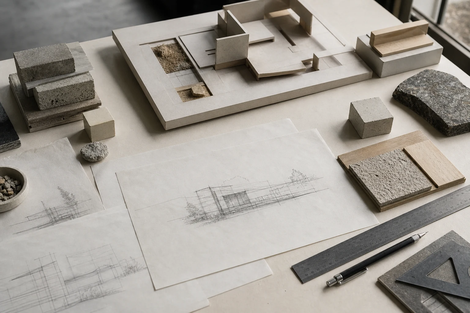 Maket parçaları, malzeme numuneleri ve duyusal deneyim notları içeren tasarım çalışma masası.